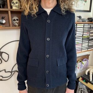Vintage 70s 80s Wool Blend Navy Blue Ribbed Knit Cardigan Sweater ~ Size Large